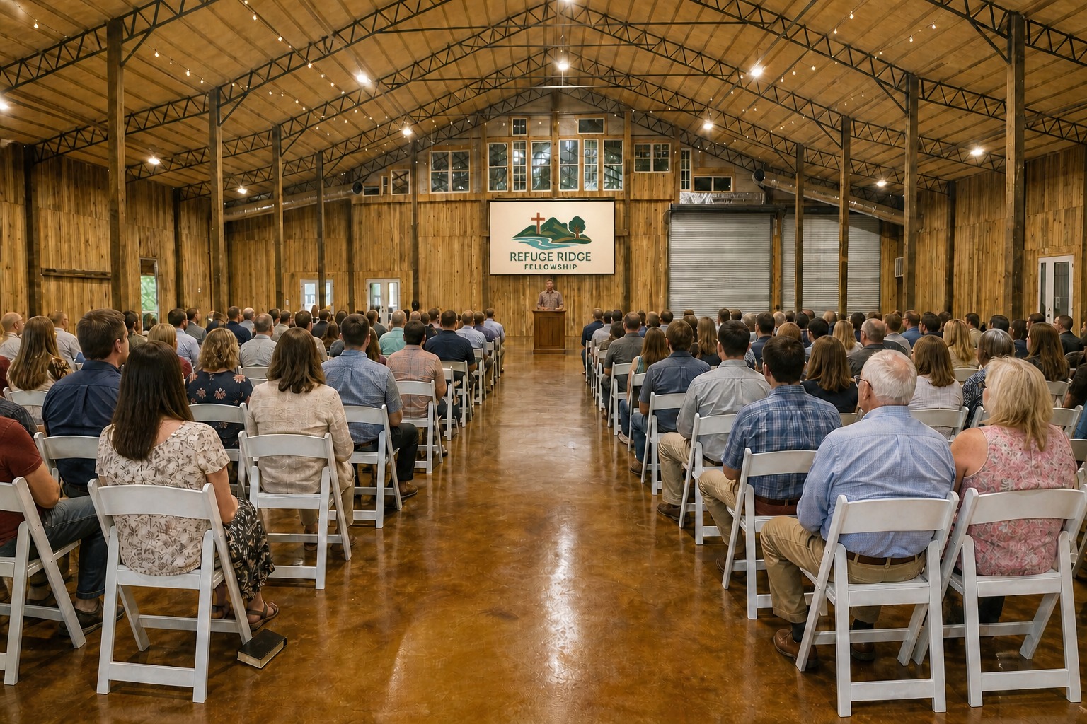 Interior of the rugged timber barn where Refuge Ridge Fellowship gathers in Primm Springs, Tennessee